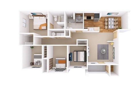 Floor plan for 4 beds, 2 baths, 1244 sqft